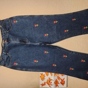Princess Highway Blue Straight Leg Jeans with Red Embroidery